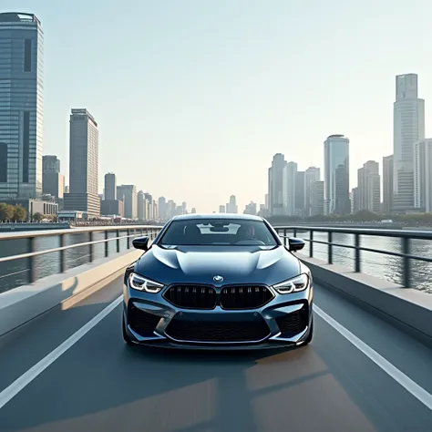 The 2020 BMW M8 Competition Coupe rides fast across a small bridge on its way to the modern city