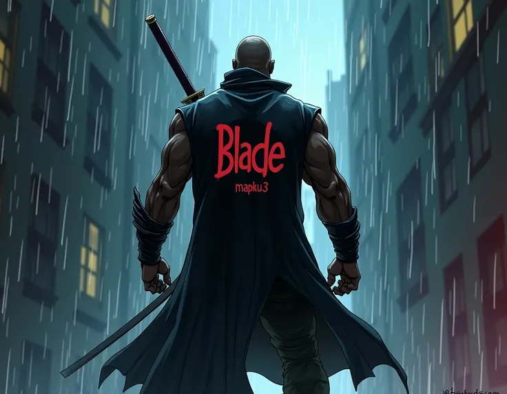 Blade from Marvel is standing with his back to the camera holding a katana on a raincoat written mapku3, in cartoon style