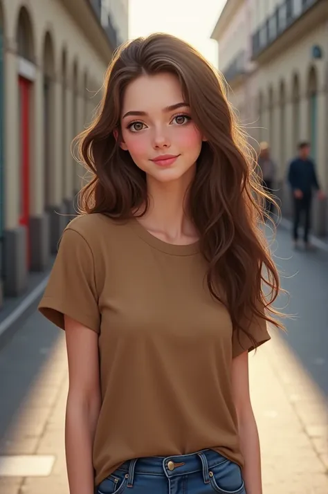 A German with long brown hair and her age look like 16 normal clothes like brown hot tshirt and geans 