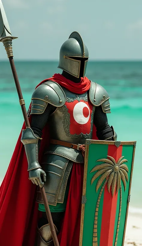 A serene knight clad in sea-green and red armor, mirroring the Maldivian flag. The chest plate has a white crescent moon, and the cape is deep red with green borders. The helmet design includes flowing lines that resemble ocean waves, and the shield is rec...