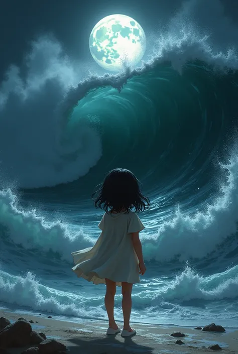 I draw a girl with a fat skin standing in front of big and scary waves at night with the moonlight 