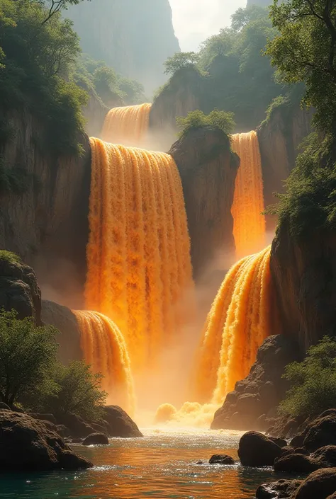 Paysage avec des cascades en forme doeufs où leau coule avec aumoins 20 tons chauds