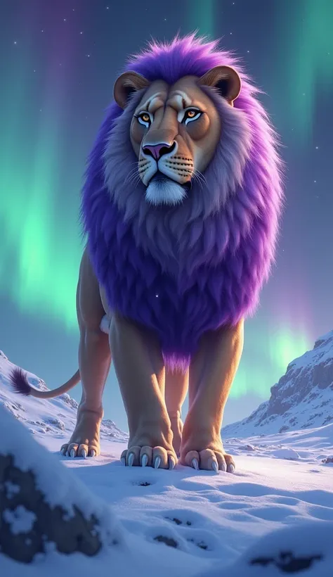  the bright purple mane lion is standing on a snowy plateau, The night sky displays vibrant aurora borealis ,  while the snow-covered ground reflects the magical colors of the sky ."