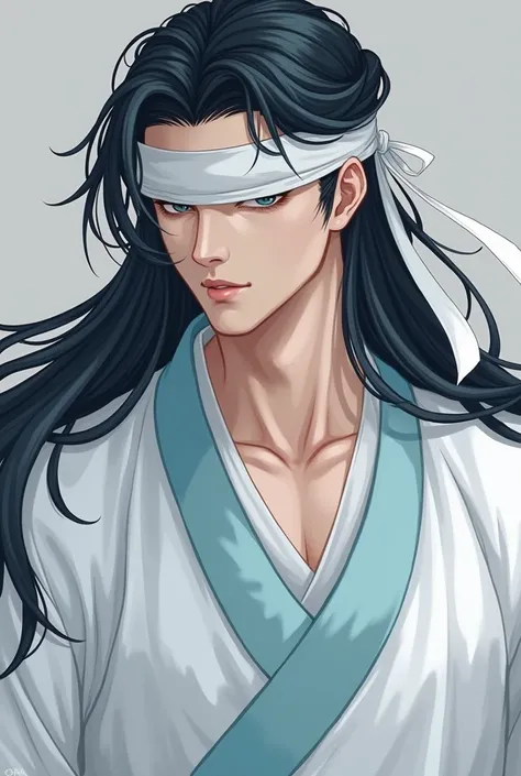  Male of approximately 20 years of age ,  white and muscular build .  Long black hair with a silky and shiny appearance . A white ribbon covers his eyes .  He wears traditional Chinese tunics with an elegant white color and some light blue edges.  classic ...