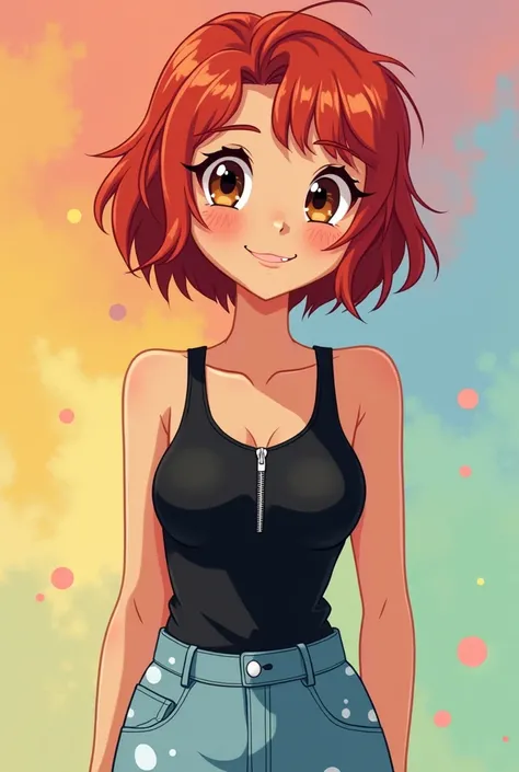 Create AI happy robust 25 year old girl, with red short hair, brown light eyes. Wearing a black basic tank top with a zipin the middle of it and a skirt light blue with white splash marks.  Rainbow color background.