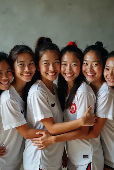 female japanese soccer team, group shot, happy, smiling, intimate