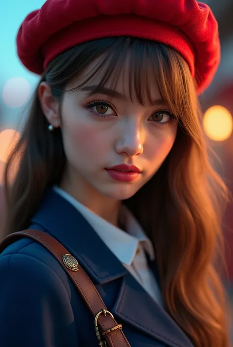 (best quality,4k,8k,highres,masterpiece:1.2),ultra-detailed,(realistic,photorealistic,photo-realistic:1.37),1girl,beautiful detailed eyes,beautiful detailed lips,extremely detailed eyes and face,longeyelashes,beautiful girl with long brown hair,red beret,b...