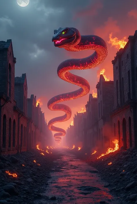 Un gigantesque serpent de feu réaliste, aux écailles dansantes de rouge, noir et violet, serpente lentement à travers les ruines d’un village abandonné. Ses mouvements créent des vagues de chaleur, illuminant l’horizon d’une lueur apocalyptique. Les yeux d...