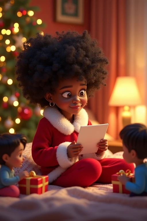 Pixar-style 3D illustration of african american woman santa Claus having curly hairs on a cozy bed, holding a heartfelt note with joyful tears, surrounded by excited ren swiftly unwrapping presents. A glowing Christmas tree and festive decorations fill the...