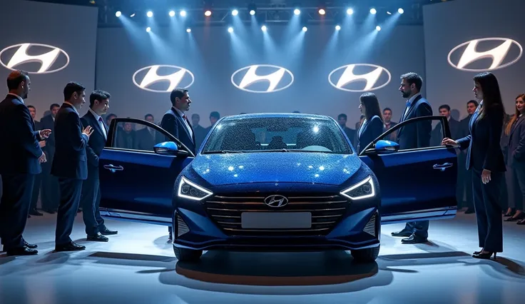 Hyundai elantra 2025 car opening ceremony too front door open All around salesman background logo all around audience car on stand  