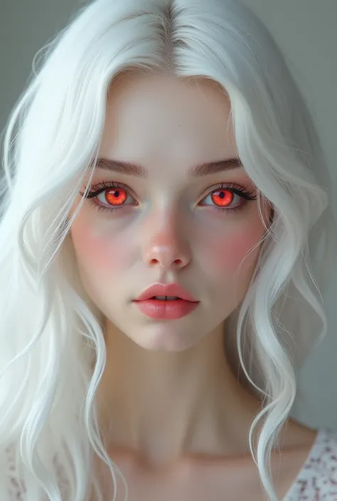 create a hyper realistic face of a gorgeous caucasian girl in her teen years. The girl has pale white skin and dazzling white hair. She has red eyes. Her beauty is bewitching and alluring. Her facial features are carefully created to perfection. She has an...