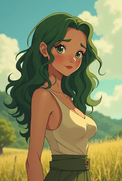 Create an image as follows : In this nostalgic, dreamlike world similar to Studio Ghibli characters, the young woman Gal Gadot stands as a vision of warmth and innocence, her wild, curly green hair framing her face like a halo of nature. Her freckles scatt...