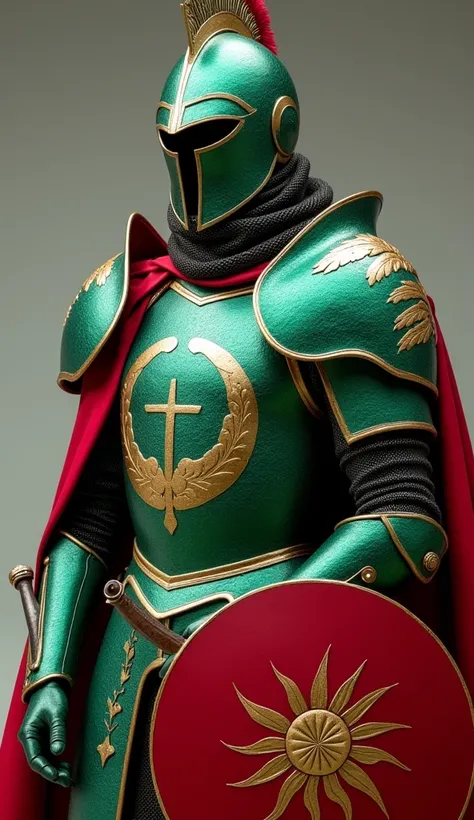 A graceful knight clad in sleek armor of shimmering sea-green and deep crimson, representing the Maldivian flag. The chest plate is intricately embossed with a crescent moon surrounded by swirling wave patterns, symbolizing the island nations connection to...