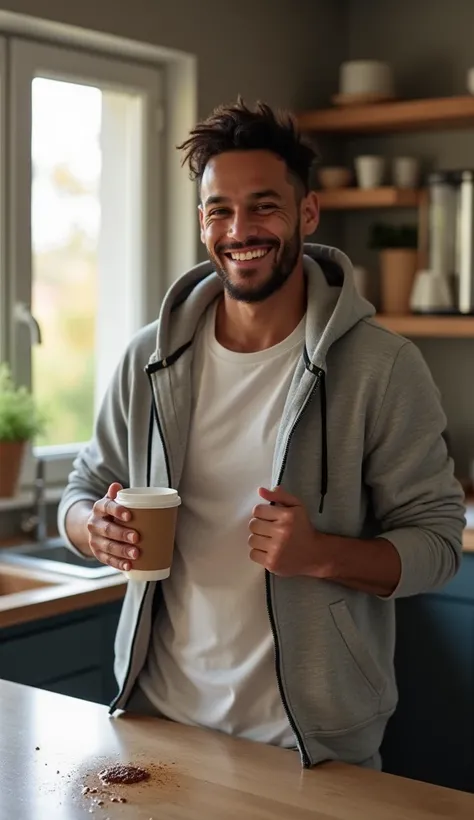 
Neymar standing in a cozy, modern kitchen with a relaxed, amused smile after spilling coffee on his shirt. He’s holding the coffee cup in one hand, and his other hand is adjusting the hood of his favorite hoodie, which he’s excited to wear now as a replac...