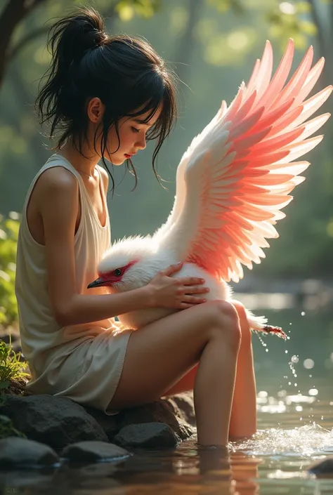 "A 30-year-old girl with messy black hair and kind brown eyes is gently caring for an injured bird. The bird is large, with soft, silky feathers in white and pink hues, and its expansive wings shimmer with a magical glow. The girl sits by a small stream, c...