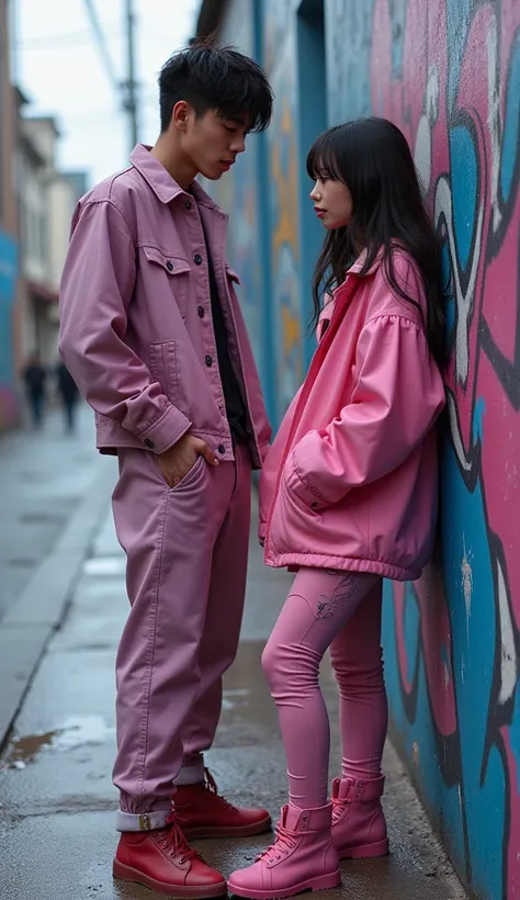 professional real photo digital pop hyperrealistic blending elegance of charcoal and wet colors in real life of a young Korean male and female rapper 19 years old, real life inspired by jet set future, 16mm lens, spray paint, pink and blue fashion, real li...