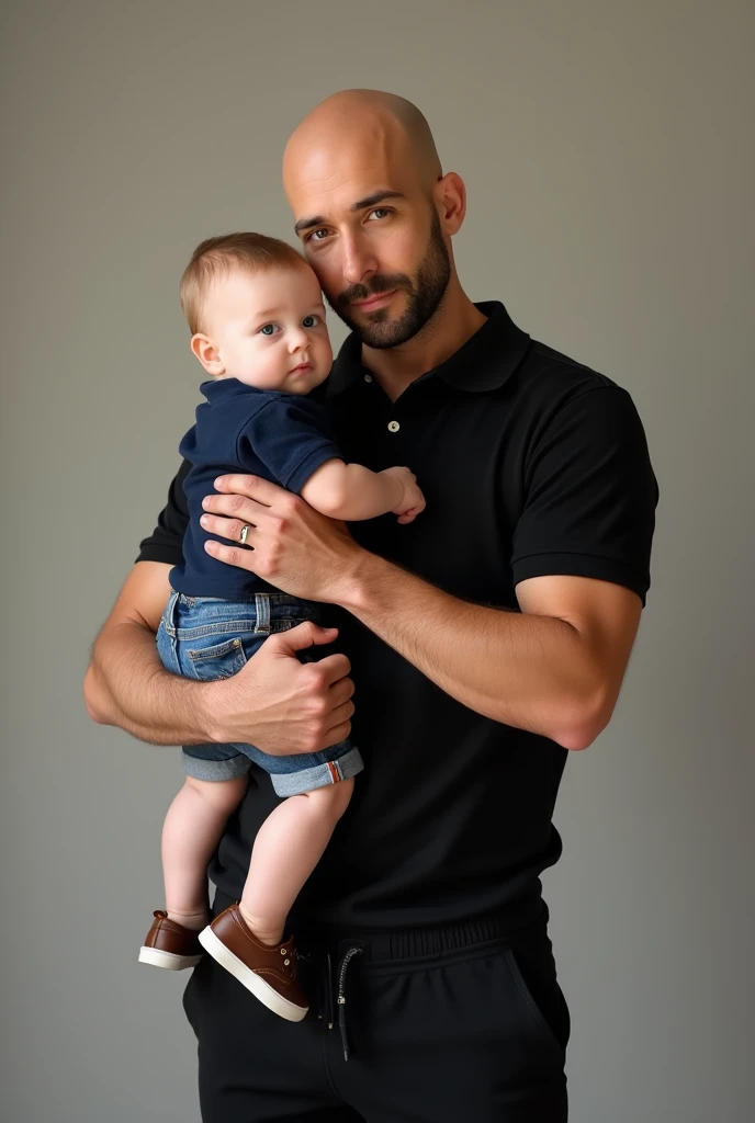  A handsome and stately man , bald and confident ,  wears black sweatpants and a polo shirt that highlights his elegance Pojada.  Firmly and tenderly ,  holds his 9-month-old son ,  a charming fair-skinned boy ,  bright blue eyes full of sweetness .  The l...