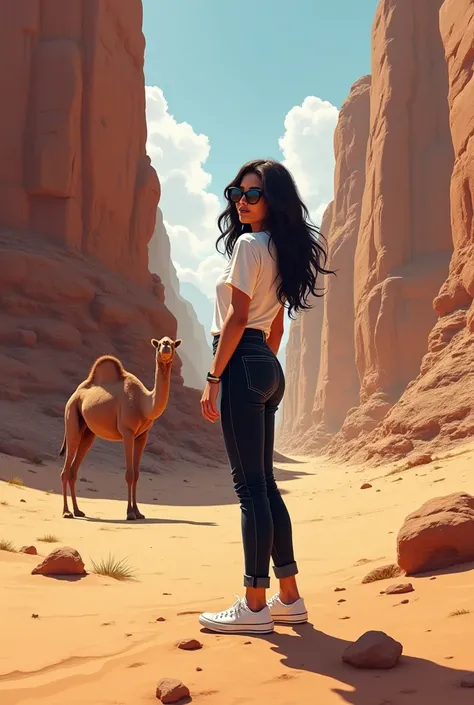 Creat a illustration of a girl on sandstone with a camel.she is name manisha.wearning a black jeans and white top sneakers with sunglasses the name of girl in back side .