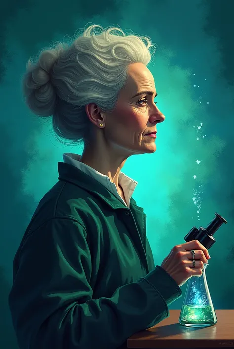  I want you to place this phrase: " Nothing in life should be feared , only ."  Marie Curie and the design be :  The portrait of Marie Curie with a background in blue and green tones, representing radiant energy .  It includes a bright beaker and a microsc...