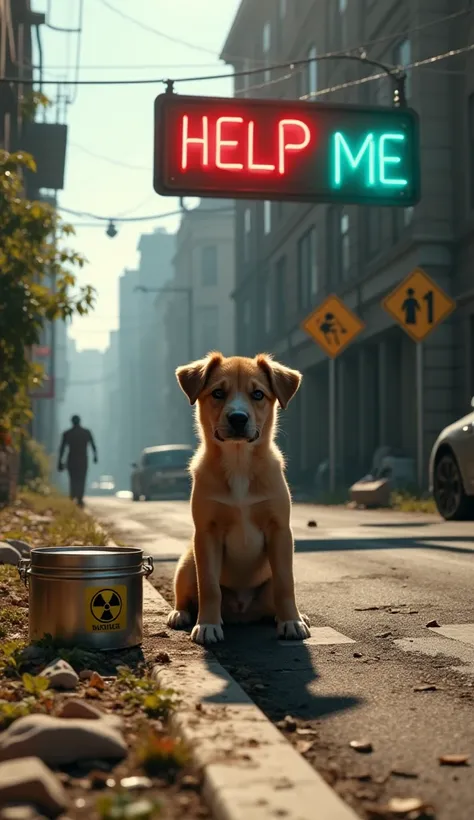 ** “Create an impactful scene set on a desolate street in a post-apocalyptic world ,  illuminated by the intense midday light . in the center,  a small puppy mutt Sitting on its hind legs ,  with eyes full of fear and vulnerability ,  looking directly at t...