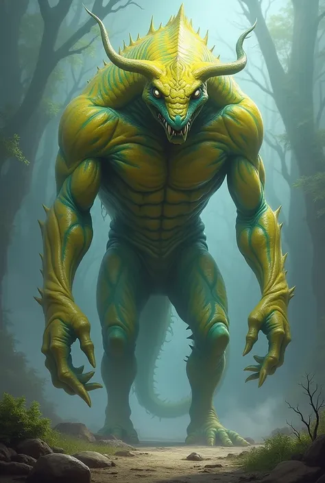 Un monstre énorme jaune vert et bleu avec des petites pattes une petite tête de serpent des bras musclé les yeux blanc un long cou 