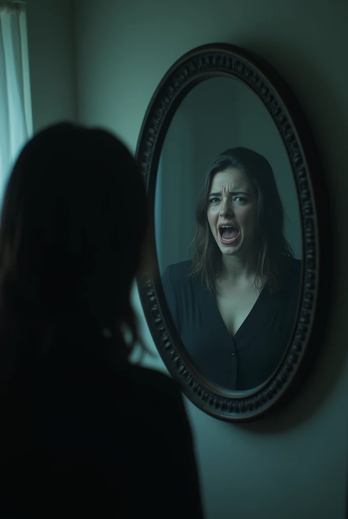 
Julie screams . Too late .  The mirror only reflects a void,  and Julie is no longer there .


