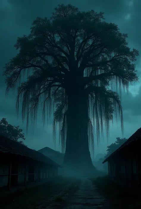 A dimly lit rural village with a towering ancient banyan tree under a pitch-black sky. The tree appears eerie, with gnarled roots and hanging vines swaying in the wind. A faint mist surrounds its base.
