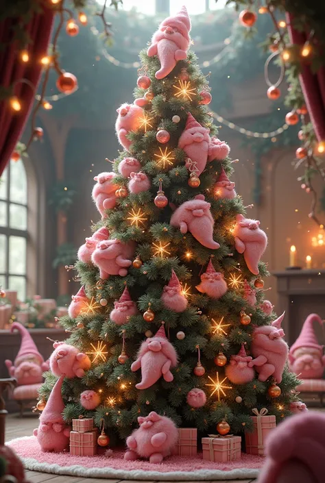 A huge pink elegant Christmas tree where little pink gnomes live