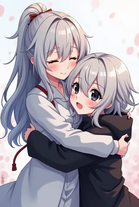 Demon slayer style, a snow hashira oc, with mitsuri from demon slayer, hugging each other, snow hashira oc is silver haired and black eyed, mitsuri is love hashira from anime demon slayer and anime has soft lineart style