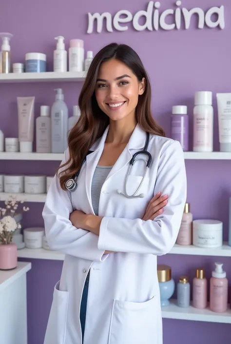 Beautiful smiling white doctor holding stethoscope on her shoulder and skin care products in hand inside pharmacy and purple background with Medcina written clearly