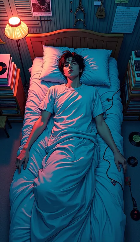 anime illustartion of Photo of a man lying on his bed, the bed is with neon gadgets and wires books with messy bedsheets, the angle is featured from top angle , Text why you, Super detail, Vintage wave, Cyberpunk, Sad atmosphere, Luminous light through the...