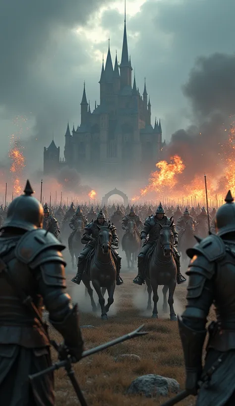 a epic fantasy scene, a vast medieval battlefield, a clash between the Alliance and Horde, orc warriors charging into battle, human knights on horseback, magical energy explosions, ruined castle in the background, dark cloudy sky, dramatic lighting, dynami...