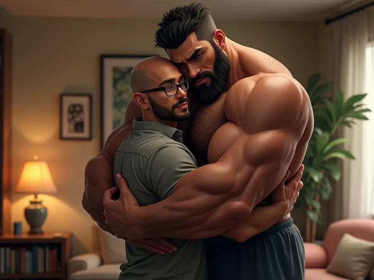 muscular tall woman holding in her arms short stature bald man with glasses and short beard living room