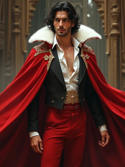 The prince had thick dark hair cut into the typical Caro style – a heavy fringe and long sides that ended bluntly at his jawline. He was wearing a magnificent red cape that billowed out behind him. His trousers were red, too, his pristine white shirt sport...