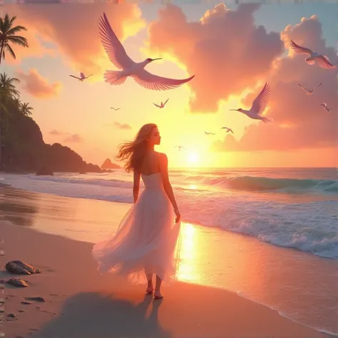 Making this lady walking in the beach with a beautiful sunrise view and beautiful birds flying singing around her