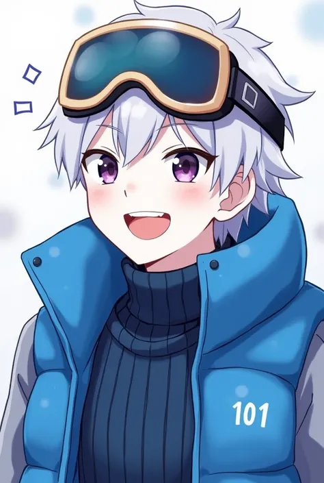 Anime Male Light Skin Untidy White Hair Knit Blue Dark Blue Turtle Neck Short Sweater Purple Eyes Smile With A Fang Showing Off Snow Goggles Above His Head Cette Puffer Vest In Blue For Profile Picture