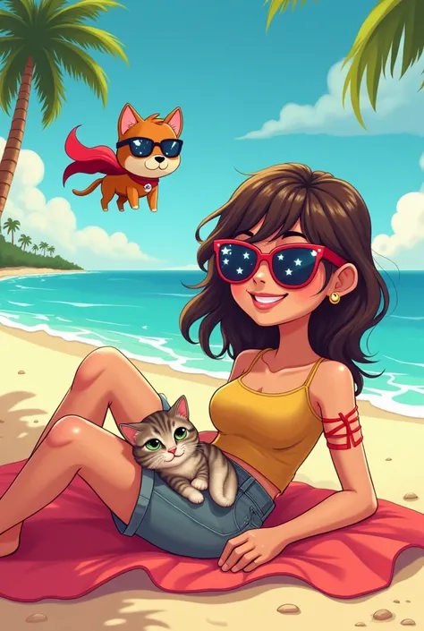 Create a vibrant cartoon image featuring $Chillgirl, a relaxed young adult lounging at the beach with a carefree smile. Beside her, $ChillKitty, a snuggly cat dressed in casual clothing, is curled up and purring contentedly. Nearby, $ChillDog, a superhero ...