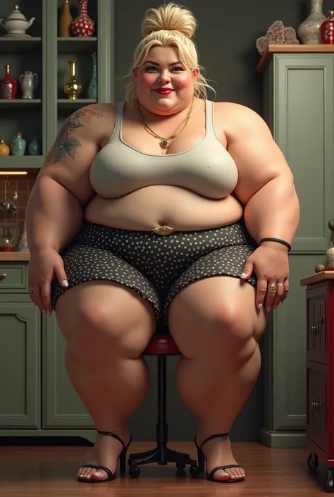 31 year old caucasian giantess, wearing plain tanktop and polka-print slit-skirt, wide hips,Big thighs, broad torso, huge round boobs, massively disruptive ginormous size/proportions full-figure Giant Voluptuous muscle-mass Body, wide hips ,messy blonde bu...