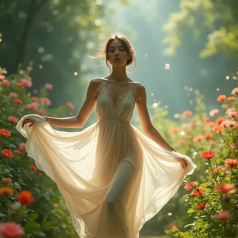 Make a video using this lading dancing while walking with the beautiful flowers around her