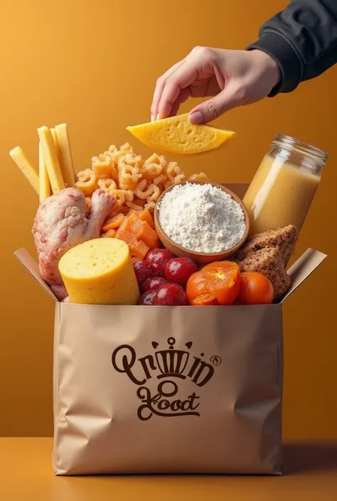 Design a cover picture for a food distribution business named Crown Food. The cover should depict a hand holding an open big package hold by someone and hand is visible that clearly displays a variety of food items, including cheese, flour, pizza sauces, d...