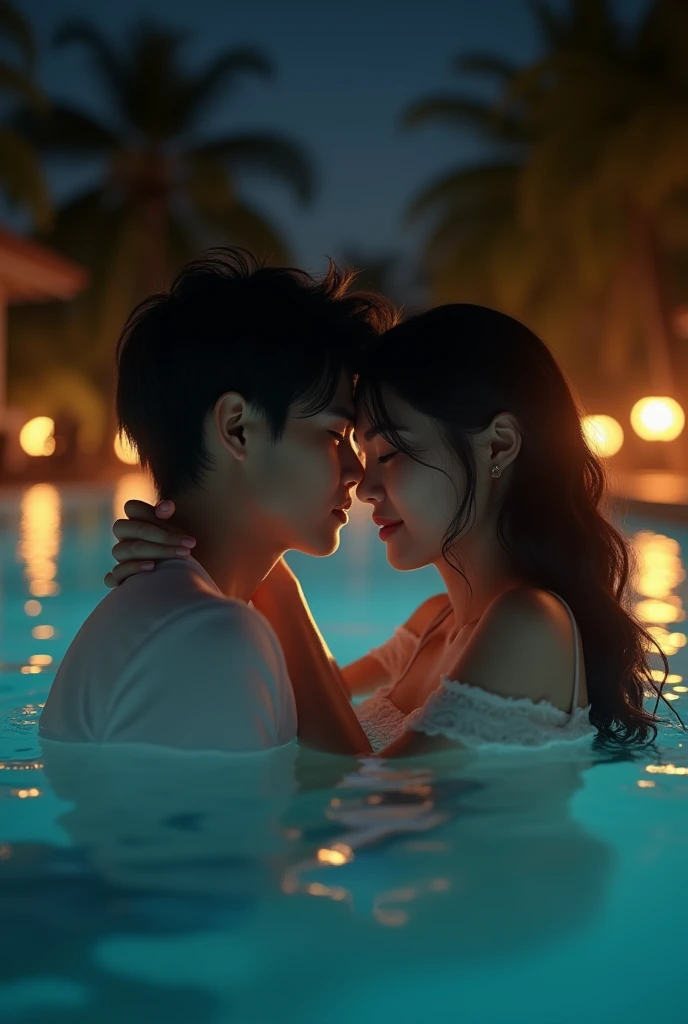 20 year old young lovers cuddling from behind the face facing the front lovingly in the pool at night there are Indonesian lights wearing white clothes