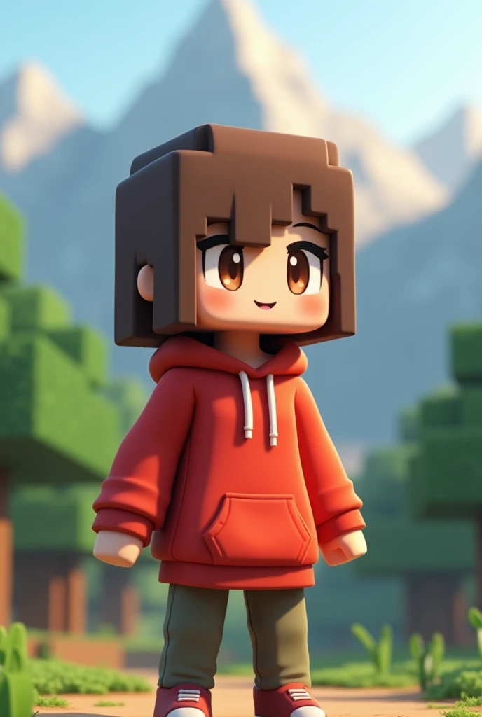 Make a boxy minecraft character, her hair is brown ,  and her eyes are brown ,  wears a red hoodie , laki laki