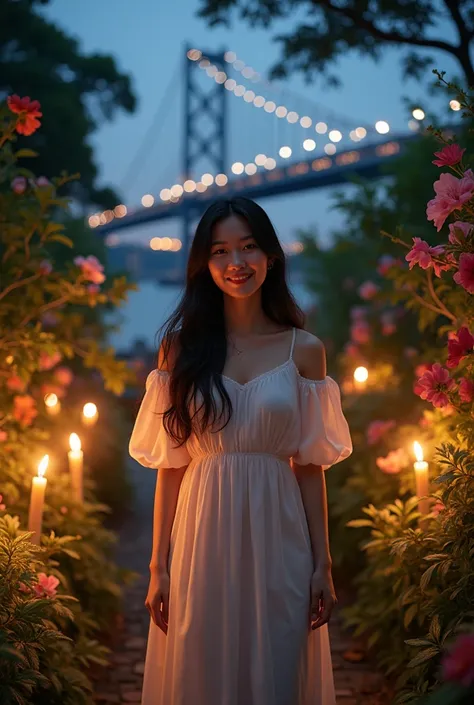  26 year old asian teen , long black haired,wearing maxi dress , is in flower plant smiling looking at camera, left right there are beautiful flowers and leaves. deciduous leaves strewn around it ,  in the back background there is a sea of ,downtown suspen...