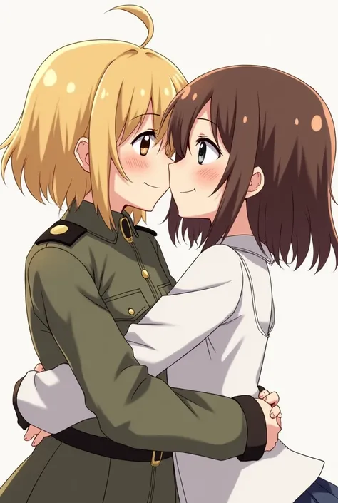 A blonde short haired and brown eyed tsundere anime girl, hugging to a brown middle haired black eyed anime girl, They are lesbians 🎀, the blonde girl has some military wearing while brown haired girl is white dressed. Blond girls hair has a long part from...