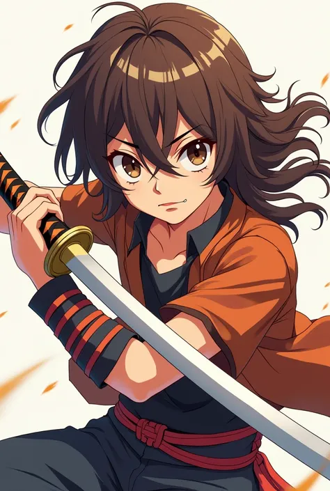 Create an anime boy with brown eyes color, long hair, brown hair color and the boy holding a katana sword