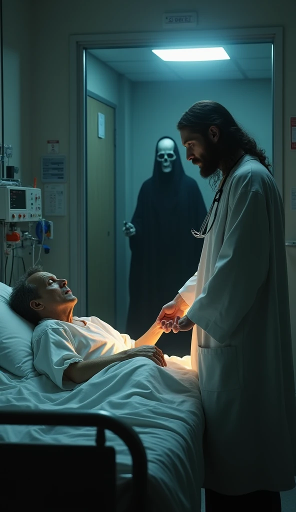 A hyper-realistic, emotionally charged hospital room at night. A frail, very sick  lies in a stark white hospital bed, their  weak and helpless. Beside the bed stands Jesus Christ, dressed as a modern doctor, wearing a white medical coat and a prominent st...