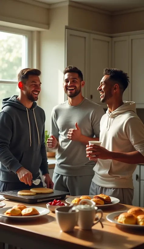 
Lionel Messi, Cristiano Ronaldo, and Neymar are all standing in a cozy kitchen, smiling happily and laughing together. Messi, wearing a hoodie and jeans, holds a spatula in one hand, looking excited as he flips pancakes. Ronaldo, dressed in a T-shirt and ...