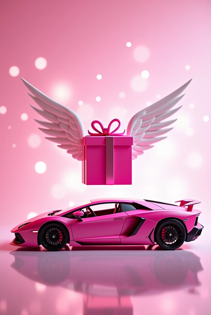 To create the first gift box image (pink) with that position and background, heres a detailed prompt:

"Generate an image featuring a luxury pink car (resembling a Lamborghini) in the foreground. Above the car, display a vibrant pink gift box with white an...