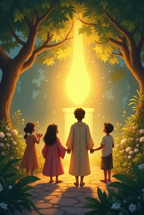 Finding Magic Pearls 
"A beautiful magical garden where Ali and his friends walk towards a magical pearl placed on a pillar. The pearl is emitting golden light, and the whole garden is waking up in that light. Ali has picked up the pearl, and his friends a...