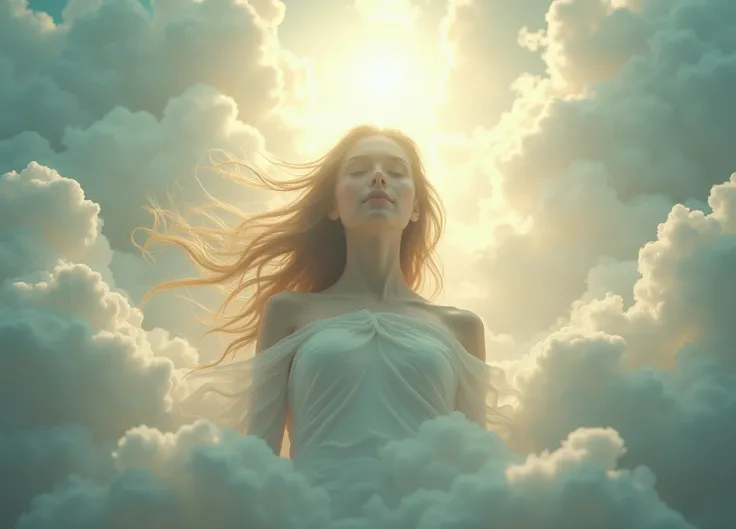 adult female soul, clouds around female figure, light around, spirituality